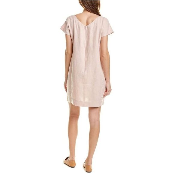 Eileen Fisher 100% Organic Linen Bateau Neck Short Sleeve Patch Pocket Shift Dre - Picture 2 of 11